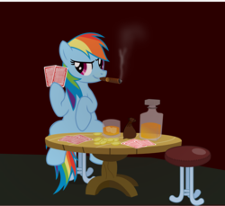 Size: 1987x1824 | Tagged: safe, artist:selecteddash, rainbow dash, pegasus, pony, g4, alcohol, bag, bits, bottle, card, chair, cigar, female, food, glass, ice, ice cube, mare, poker, sitting, smoking, solo, table, whiskey