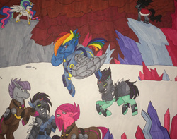 Size: 2155x1702 | Tagged: safe, artist:sketchyribbons, king sombra, maud pie, pinkie pie, princess celestia, rainbow dash, g4, the cutie re-mark, alternate hairstyle, alternate timeline, alternate universe, apinkalypse pie, apocalypse dash, apocalypse maud, crystal, crystal war timeline, fight, pinkamena diane pie, traditional art