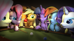 Size: 1920x1080 | Tagged: safe, artist:jack27121, applejack, fluttershy, pinkie pie, rainbow dash, rarity, twilight sparkle, alicorn, pony, g4, 3d, billiards, female, mane six, mare, pool table, source filmmaker, twilight sparkle (alicorn)