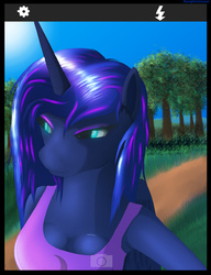 Size: 2796x3636 | Tagged: safe, artist:bluenight01, princess luna, anthro, g4, cleavage, clothes, female, high res, selfie, solo, tank top, tree