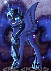 Size: 528x742 | Tagged: safe, artist:crecious, nightmare moon, g4, female, grin, magic, solo, spread wings