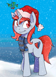 Size: 800x1100 | Tagged: safe, artist:monanniverse, derpibooru exclusive, oc, oc only, oc:mona, pony, unicorn, animated, blushing, christmas, clothes, cute, female, hat, holly, holly mistaken for mistletoe, looking back, mare, mistleholly, raised hoof, santa hat, scarf, smiling, snow, snowfall, solo