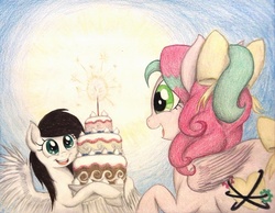 Size: 1016x787 | Tagged: safe, artist:thefriendlyelephant, oc, oc only, oc:coconut cake, oc:precious metal, pegasus, pony, birthday cake, birthday gift, bow, cake, candle, duo, food, hair bow, happy, neapolitan, smiling, sparkler (candle), surprised, traditional art, wings