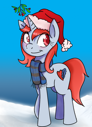 Size: 800x1100 | Tagged: safe, alternate version, artist:monanniverse, derpibooru exclusive, oc, oc only, oc:mona, pony, unicorn, blushing, clothes, cute, female, hat, holly, holly mistaken for mistletoe, looking back, mare, mistleholly, raised hoof, santa hat, scarf, smiling, solo