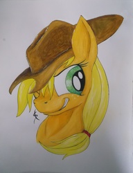 Size: 3216x4198 | Tagged: safe, artist:scribblepwn3, applejack, earth pony, pony, g4, female, hat, pen drawing, portrait, solo, traditional art, watercolor painting, wink