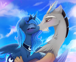 Size: 3000x2450 | Tagged: safe, artist:magnaluna, discord, princess luna, alicorn, draconequus, pony, blushing, crying, duo, female, kiss on the lips, kissing, lunacord, male, mare, shipping, straight