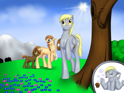 Size: 1600x1200 | Tagged: safe, artist:dedonnerwolke, button mash, derpy hooves, oc, oc:cream heart, pegasus, pony, g4, bubble, colt, female, foal, food, male, mare, mountain, muffin, sun, tree, trio