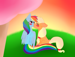 Size: 1024x768 | Tagged: safe, artist:vvalent, applejack, rainbow dash, earth pony, pegasus, pony, g4, blushing, duo, female, kiss on the lips, kissing, lesbian, mare, ship:appledash, shipping, sunset