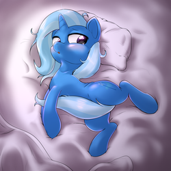 Size: 1000x1000 | Tagged: safe, artist:ushiro no kukan, trixie, pony, unicorn, g4, bed, blushing, covering, cute, cutie mark, diatrixes, female, horn, mare, on bed, on side, pillow, purple eyes, solo, tail covering, wake up