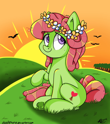 Size: 1536x1729 | Tagged: safe, artist:doodlehorse, tree hugger, bird, pony, g4, cute, female, floral head wreath, hill, messy mane, solo, sunset