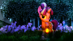 Size: 1920x1080 | Tagged: safe, artist:sourcerabbit, starlight glimmer, pony, unicorn, g4, 3d, alternate hairstyle, cute, female, flower, glimmerbetes, lantern, lidded eyes, looking at you, mare, mouth hold, night, outdoors, s5 starlight, solo, source filmmaker