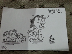 Size: 3264x2448 | Tagged: safe, applejack, worm, g4, apple, bucket, food, high res, monochrome, speech bubble, traditional art