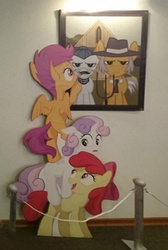 Size: 530x788 | Tagged: safe, apple bloom, cloudy quartz, igneous rock pie, scootaloo, sweetie belle, g4, american gothic, cardboard cutout, cutie mark crusaders, irl, moustache, photo, ship:quartzrock, tower of pony