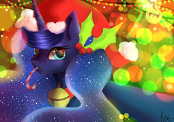 Size: 3000x2100 | Tagged: safe, artist:xkittyblue, princess luna, g4, candy, candy cane, female, food, hat, high res, holly, mouth hold, santa hat, solo
