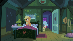 Size: 1366x768 | Tagged: safe, screencap, apple bloom, applejack, family appreciation day, g4, bedroom, hat, nightcap