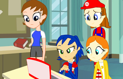 Size: 1024x659 | Tagged: safe, artist:megablaster7, equestria girls, g4, barely pony related, base used, computer, crossover, equestria girls-ified, humanized, laptop computer, male, mario, mega man (series), pac-man, rule 63, sonic the hedgehog, sonic the hedgehog (series), super mario bros.