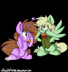 Size: 869x919 | Tagged: safe, artist:doodlehorse, oc, oc only, oc:doodle, oc:thespian script, blushing, couple, cute, doodlescript, silly, tongue out