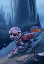 Size: 831x1200 | Tagged: dead source, safe, artist:maggwai, rainbow dash, pegasus, pony, g4, the cutie re-mark, alternate timeline, apocalypse dash, clothes, crystal war timeline, female, helmet, prosthetics, solo, uniform