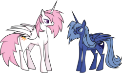 Size: 1151x686 | Tagged: safe, artist:wigglyspatula, princess celestia, princess luna, g4, cute, cutelestia, lunabetes, pink mane, pink-mane celestia, s1 luna, simple background, transparent background