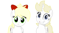 Size: 3556x2000 | Tagged: safe, artist:vectorfag, oc, oc only, oc:franziska, oc:kyrie, pegasus, pony, unicorn, aryan, aryan pony, blonde, bowtie, frown, high res, looking at you, nazipone, simple background, smiling, trace, transparent background, vector