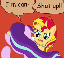 Size: 942x848 | Tagged: safe, artist:artattax, starlight glimmer, sunset shimmer, pony, unicorn, g4, abuse, batman slaps robin, canon, duo, glimmerbuse, meme, my parents are dead, slapping, sunset vs starlight debate