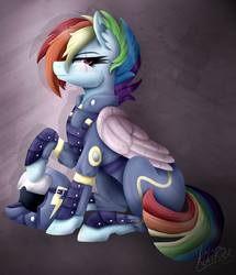 Size: 1550x1800 | Tagged: safe, artist:monnarcha, rainbow dash, g4, the cutie re-mark, alternate timeline, apocalypse dash, clothes, crystal war timeline, female, prosthetic limb, scar, solo, torn ear, uniform