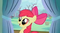 Size: 1366x768 | Tagged: safe, screencap, apple bloom, earth pony, pony, family appreciation day, g4, adorabloom, bow, cute, female, filly, hair bow, open mouth, smiling, solo, wide eyes
