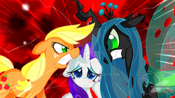 Size: 1024x573 | Tagged: safe, artist:great9star, applejack, queen chrysalis, rarity, g4, angry, watermark