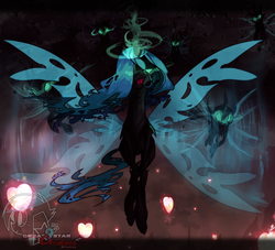 Size: 1280x1164 | Tagged: safe, artist:great9star, queen chrysalis, changeling, changeling queen, g4, female, flying, glowing eyes, glowing horn, heart, horn, swarm, watermark