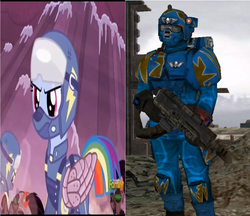 Size: 1244x1075 | Tagged: safe, screencap, rainbow dash, g4, the cutie re-mark, alternate timeline, amputee, apocalypse dash, artificial wings, augmented, comparison, crystal war timeline, dawn of war, imperial guard, kasrkin, prosthetic limb, prosthetic wing, prosthetics, scar, warhammer (game), warhammer 40k, wings, wrong aspect ratio
