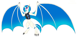 Size: 3305x1696 | Tagged: safe, artist:pyrus-leonidas, dj pon-3, vinyl scratch, kaiju, wyvern, g4, bat wings, clothes, curved horn, eye markings, fangs, horn, kaijufied, simple background, smirk, species swap, transparent background, vest