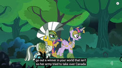 Size: 854x480 | Tagged: safe, screencap, twilight sparkle, zecora, alicorn, pony, zebra, g4, the cutie re-mark, alternate timeline, army, canada, chrysalis resistance timeline, everfree forest, female, mare, mask, meme, resistance leader zecora, twilight sparkle (alicorn), youtube caption