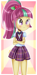 Size: 1000x2023 | Tagged: safe, artist:vixelzf, sour sweet, equestria girls, g4, my little pony equestria girls: friendship games, blushing, clothes, crossed arms, crystal prep academy uniform, female, school uniform, solo