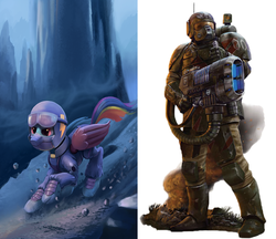 Size: 1244x1075 | Tagged: safe, artist:maggwai, rainbow dash, g4, the cutie re-mark, alternate timeline, ambiguous gender, apocalypse dash, comparison, crystal war timeline, duo, female, imperial guard, kasrkin, plasma gun, prosthetics, warhammer (game), warhammer 40k