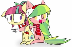 Size: 786x512 | Tagged: safe, artist:psychodiamondstar, lemon zest, sour sweet, equestria girls, g4, my little pony equestria girls: friendship games, christmas, clothes, earmuffs, equestria girls ponified, hug, ponified, scarf