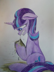 Size: 3140x4138 | Tagged: safe, artist:scribblepwn3, starlight glimmer, pony, unicorn, g4, the cutie re-mark, alternate timeline, ashlands timeline, barren, crying, female, implied genocide, pen drawing, post-apocalyptic, sitting, solo, traditional art, wasteland, watercolor painting, what have you done?!