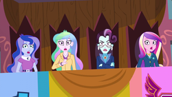 Size: 1280x720 | Tagged: safe, screencap, dean cadance, princess cadance, princess celestia, princess luna, principal abacus cinch, principal celestia, vice principal luna, equestria girls, g4, my little pony equestria girls: friendship games, jaw drop, reaction