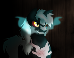 Size: 1210x955 | Tagged: safe, artist:faith-wolff, kaiju pony, pony, unicorn, fanfic:the bridge, fanfic:the bridge: sound of thunder, colored sclera, crooked horn, godzilla (series), godzilla junior, horn, male, ponified, rapeface, red sclera, scar, solo, stallion