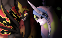 Size: 1210x750 | Tagged: safe, artist:faith-wolff, princess cadance, changeling, changeling queen, kaiju changeling, pony, fanfic:the bridge, fanfic:the bridge: sound of thunder, g4, battra, battra lea, changelingified, crossover, duo, evil, evil cadance, eyeshadow, fangs, female, godzilla (series), licking, licking lips, makeup, mare, mirror universe, mothra lea, species swap, tongue out