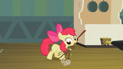 Size: 1366x768 | Tagged: safe, screencap, apple bloom, earth pony, pony, family appreciation day, g4, female, filly, mouth hold, solo, sweeping
