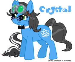 Size: 841x700 | Tagged: safe, artist:nightspeller, oc, oc only, oc:crystal quartz, pony, skunk, unicorn, animal, atom, bowtie, cutie mark, female, freckles, glasses, goggles, goggles on head, night vision goggles, pet, pet oc, pince-nez