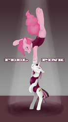 Size: 2000x3591 | Tagged: safe, artist:php64, pinkie pie, oc, earth pony, pony, unicorn, g4, acrobatics, backbend, duo, flexible, handstand, high res, leotard, spotlight, text