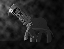 Size: 1400x1085 | Tagged: safe, artist:mistermech, pony, unicorn, bloodborne, cage, cage of mensis, clothes, crossover, dark, grayscale, grin, helmet, lidded eyes, male, micolash, monochrome, ponified, raised hoof, smiling, stallion