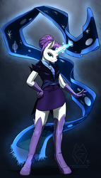 Size: 2000x3500 | Tagged: safe, artist:mykegreywolf, rarity, anthro, unguligrade anthro, g4, the cutie re-mark, alternate hairstyle, alternate timeline, boots, clothes, female, gloves, glowing, glowing horn, hand on hip, high res, horn, night maid rarity, nightmare takeover timeline, shoes, skirt, socks, solo, tailcoat, tapestry, thigh highs, vest, zettai ryouiki