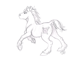 Size: 1280x983 | Tagged: safe, artist:carnivorouscaribou, oc, oc only, oc:rough sketch (carnivorouscaribou), action pose, galloping, monochrome, sketch, solo, traditional art