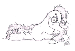 Size: 710x485 | Tagged: safe, artist:carnivorouscaribou, oc, oc only, oc:rough sketch (carnivorouscaribou), pony, bleh, face down ass up, female, floppy ears, mare, monochrome, scootie belle, sketch, solo, tongue out, traditional art