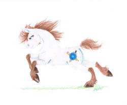 Size: 1198x991 | Tagged: safe, artist:carnivorouscaribou, oc, oc only, oc:rough sketch (carnivorouscaribou), colored pencil drawing, galloping, solo, traditional art, unshorn fetlocks