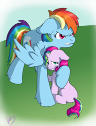 Size: 2000x2600 | Tagged: safe, artist:chipperpony, rainbow dash, oc, oc:harmony (chipperpony), g4, comforting, defending, female, high res, magical lesbian spawn, momma dash, mother and daughter, multiple parents, offspring, parent:applejack, parent:fluttershy, parent:pinkie pie, parent:rainbow dash, parent:rarity, parent:twilight sparkle, parents:omniship