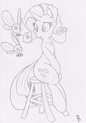Size: 3860x5476 | Tagged: safe, artist:dfectivedvice, rarity, parasprite, g4, female, grayscale, monochrome, sitting, sketch, solo, stool, traditional art