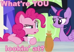 Size: 850x600 | Tagged: safe, screencap, pinkie pie, twilight sparkle, alicorn, pony, g4, what about discord?, bottle, caption, cork, cup, drink, drinking, drunk, female, frown, image macro, mare, meme, open mouth, pink text, twilight sparkle (alicorn)